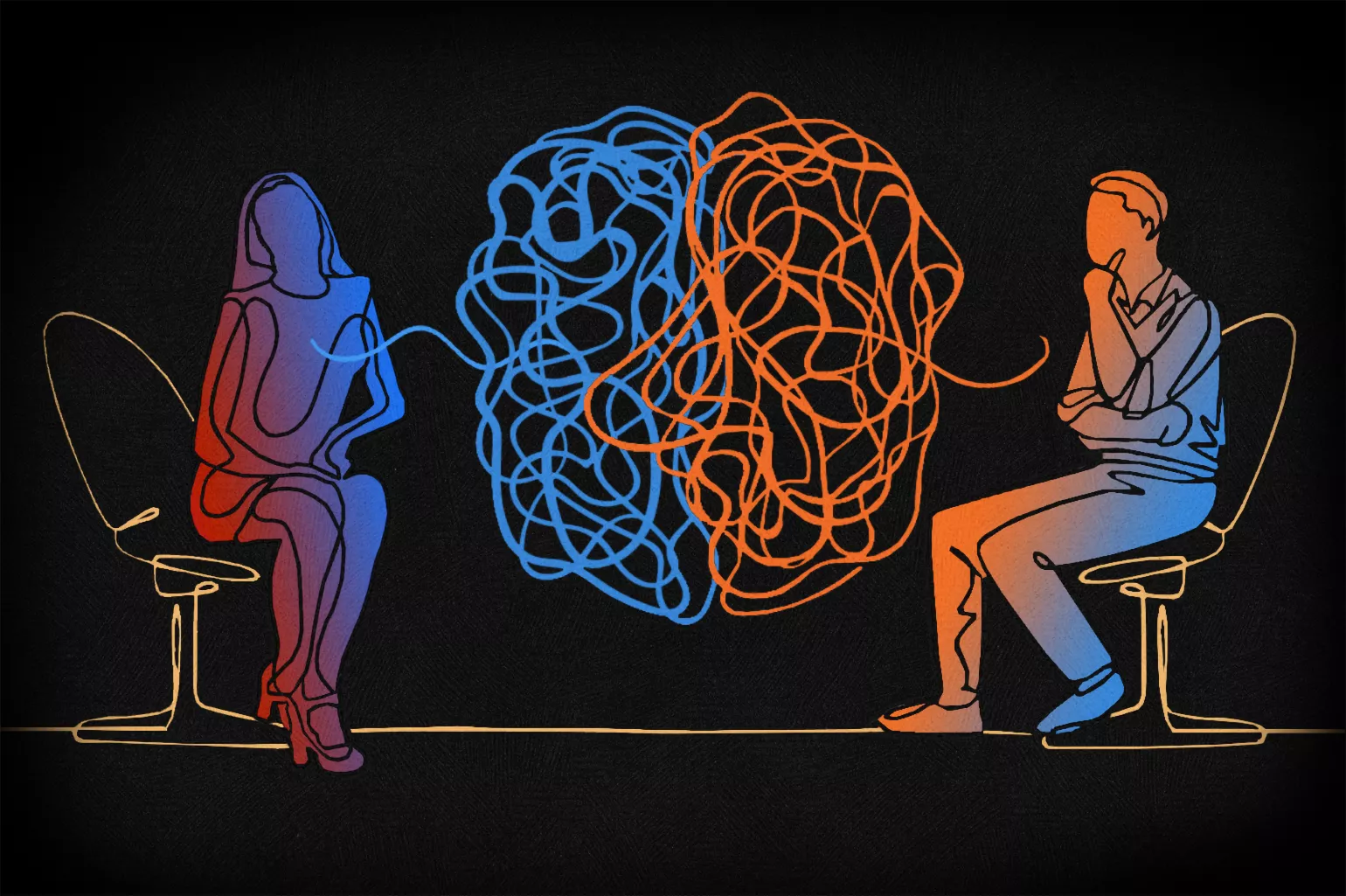 Outline silhouette of a man and woman separated by a brain colored in orange red and blue against a black background 