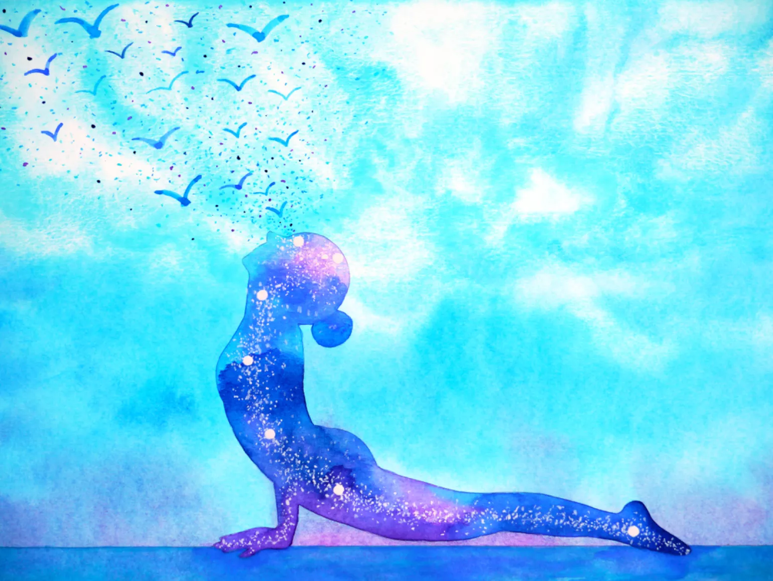 Blue and purple watercolor image of a woman doing the cobra pose, looking up to the sky with birds