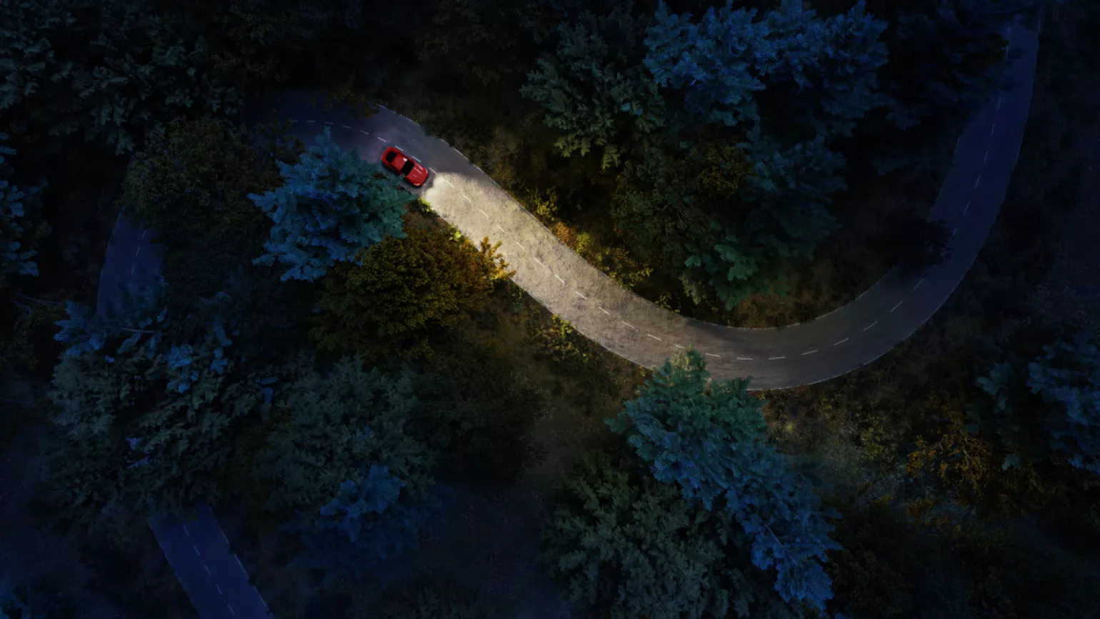 Aerial view of a red car headlights on deep forest road