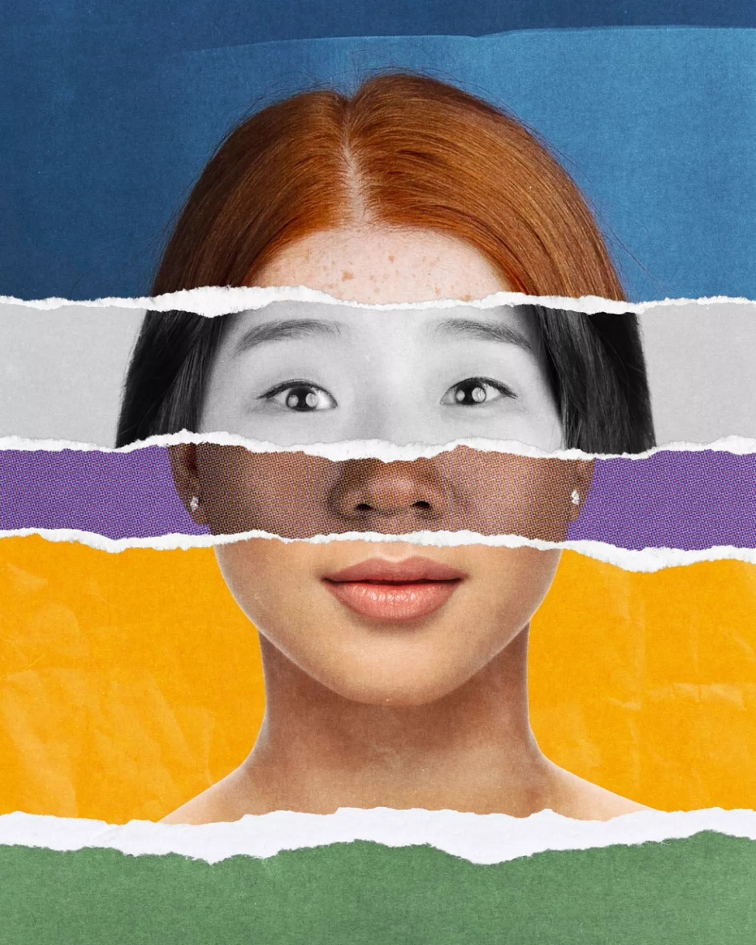 Torn paper collage made of different women face parts, creating abstract portrait of multicultural women on colorful background