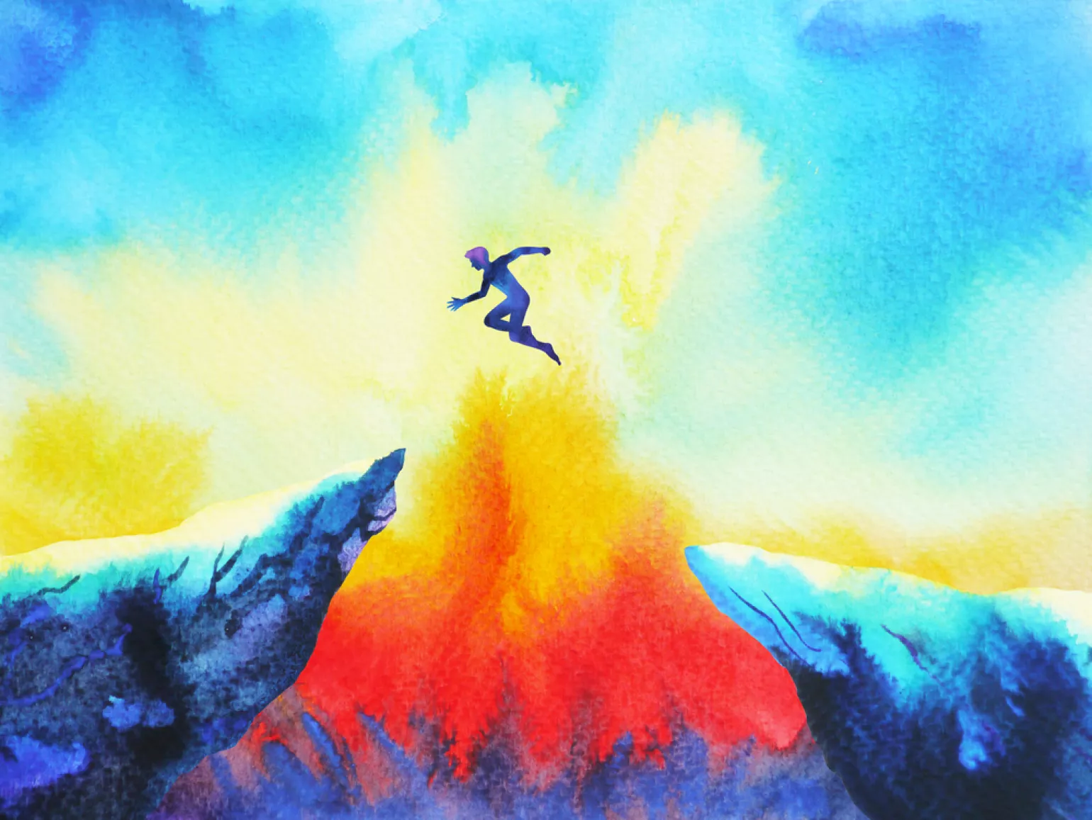 human jumping across a cliff gap hole, colorful watercolor 