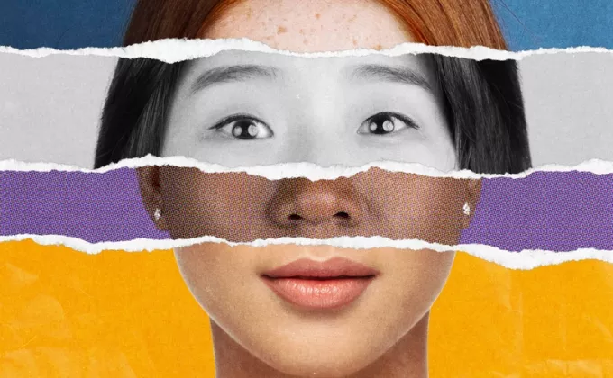 Torn paper collage made of different women face parts, creating abstract portrait of multicultural women on colorful background