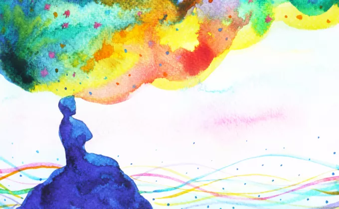 Abstract watercolor painting of a person thinking, rainbow colors