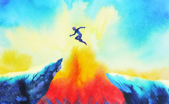 human jumping across a cliff gap hole, colorful watercolor 